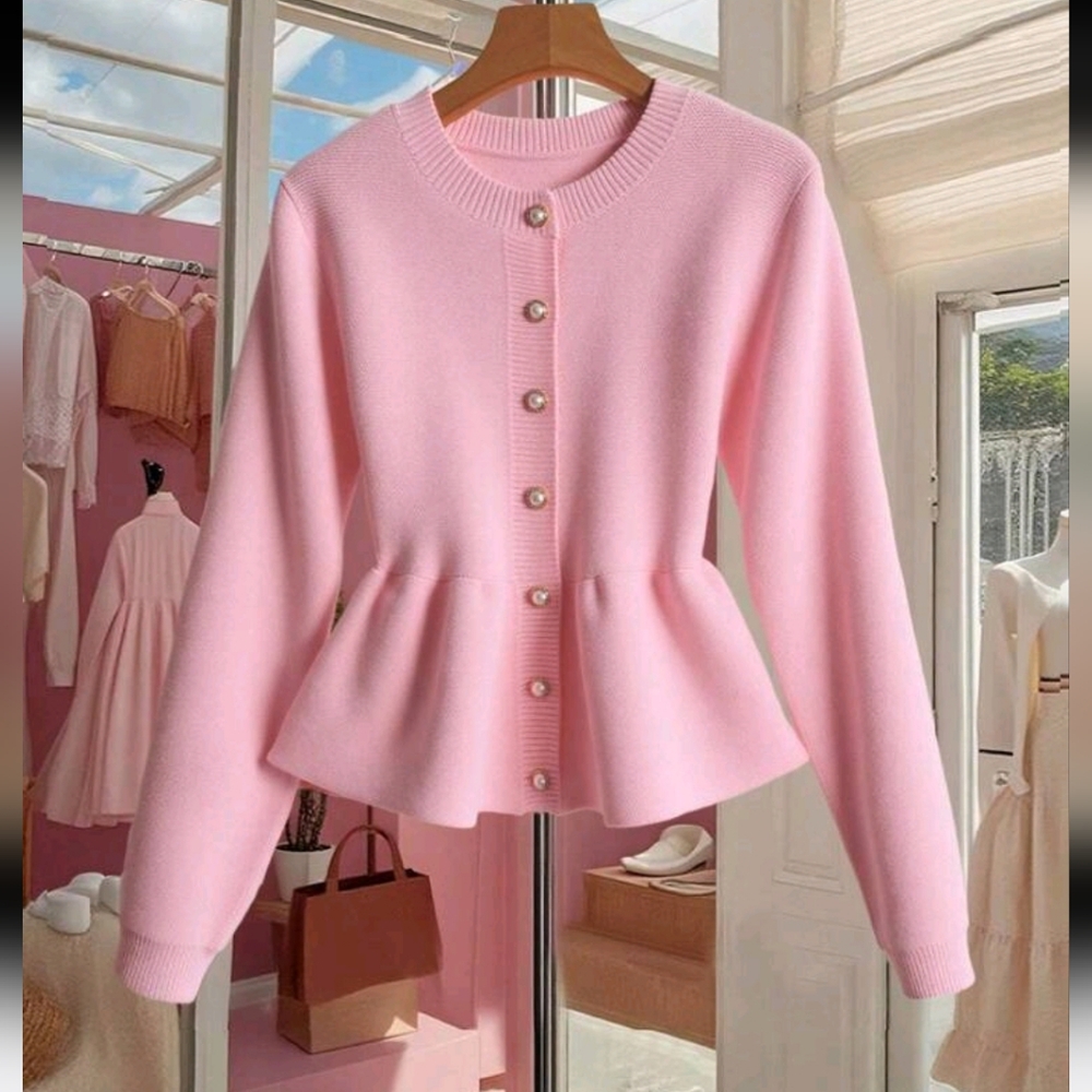 Women's Versatile Round Neck Ruffle Hem Waist Fitted Cardigan Sweater